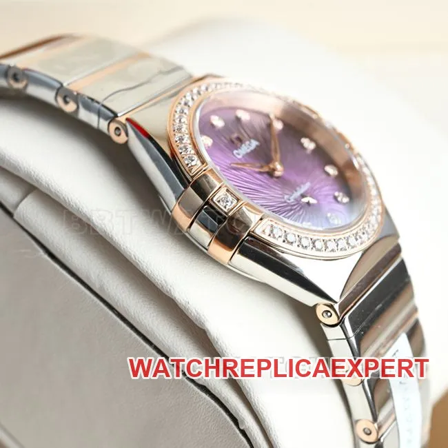 Real-Life Photos of the Back of the Best-Quality Omega Constellation Watch with Purple Dial, 28 mm, Quartz