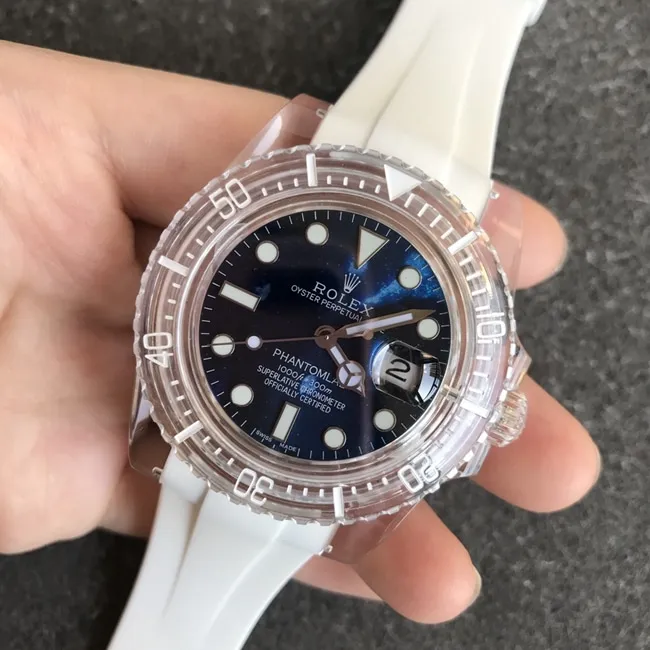 top-tier replicaRolex men's blue dialrubber strap2021 new crystal series mechanical watch side view