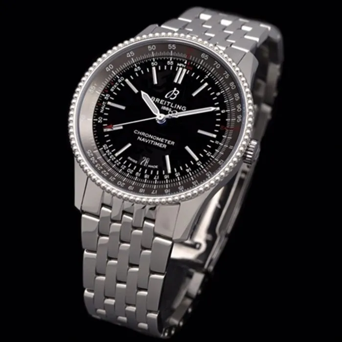 top-tier watch Breitling men's black dial aviation chronograph1 series steel bracelet watch clasp picture