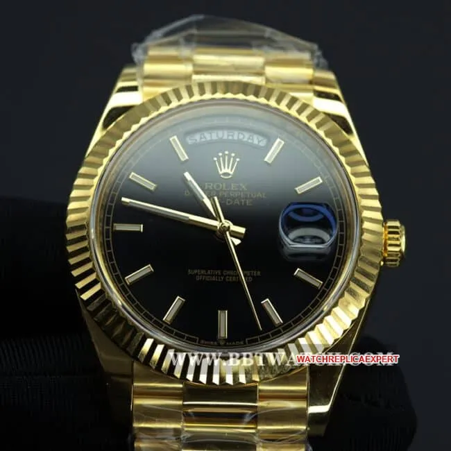 Rolex top collectible watches men's black plate gold band double calendar automatic mechanical side view