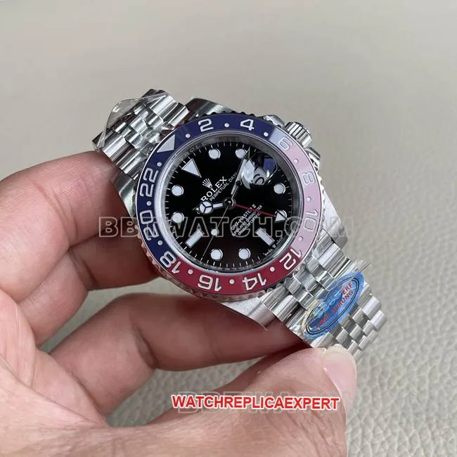 top-tier watch ERF factory GMT-MasterRolexblack dial red and blue circle 3285 mechanical front live photo