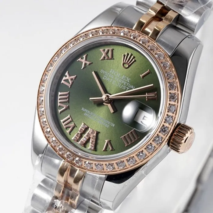 top-tier watch Rolex women's green dial Date just steel bracelet watch side view