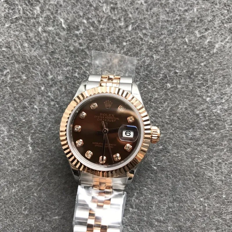 Rolex Datejust ladies watch 28mm mechanical tiger tooth bezel rose gold coffee dial diamond hour markers front view