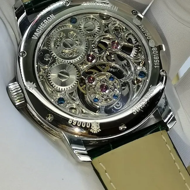 top-tier watch Vacheron Constantin men's white dial green strap fully automatic movementleather strap watch detail shots
