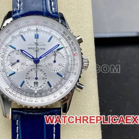 collectible watch BLS factory aviation chronographBreitling silver white dial blue leather strap caseback live photo