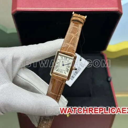 collectible watch tank DR factory Cartier silver white dialquartz gold brown braceletcaseback live photo