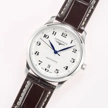 top-tier replicaLongines men's white dial brown belt new famous series leather strap mechanical watch front view