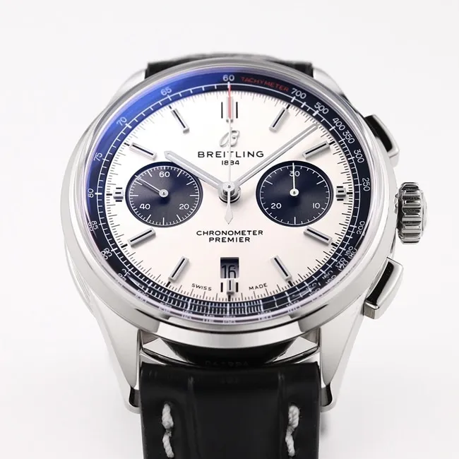 GF Factorytop-tier watch Breitling B01chronograph men's white dial black belt v2 upgraded version automatic movementleather strap watch front view