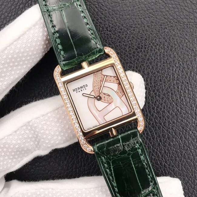 YF factory top-tier watch Hermès white dial green strap crocodile leather strapquartz watch clasp picture