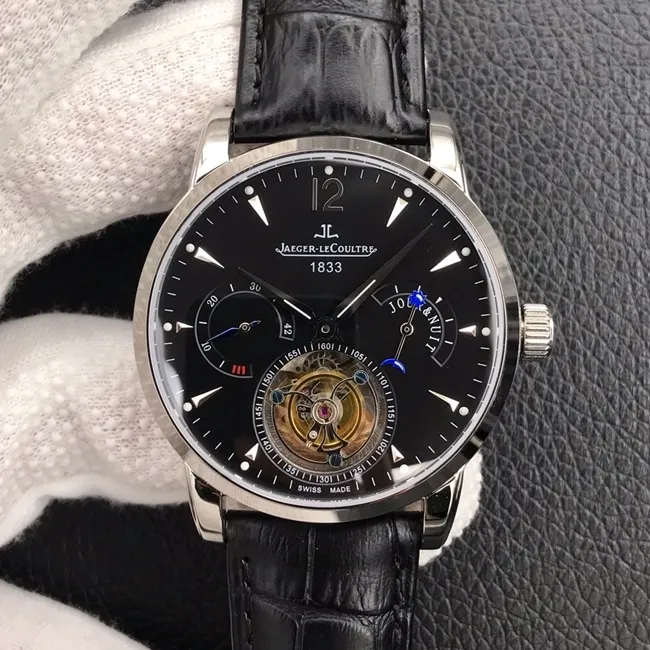 Jaeger-LeCoultretop-tier watch men's black dial black belt multifunctional series tourbillon mechanical watch leather strap picture