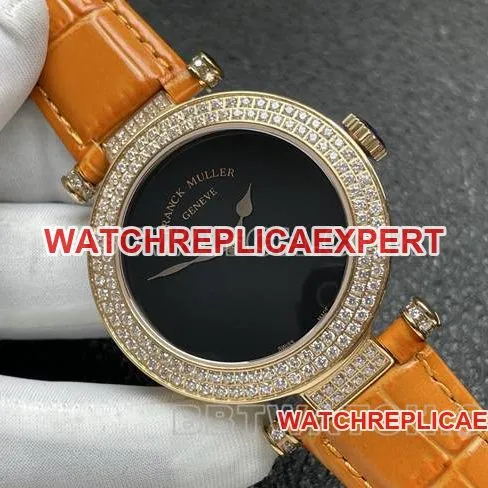 watch frank mill quartz ABF factory black dial gold diamond bezel orange leather braceletside live photo
