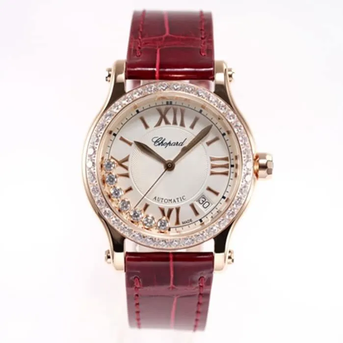 top-tier watch Chopard women's white dial red strap HAPPY DIAMONDS series mechanical watch movement picture