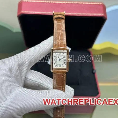 collectible watch tank DR factory Cartier silver white dialquartz gold brown braceletfront live photo
