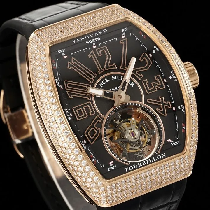 RMS factory Frank Muller men's top-tier watch black dialrose gold diamond leather strap model V 45 T D (NR)braceletlive photos