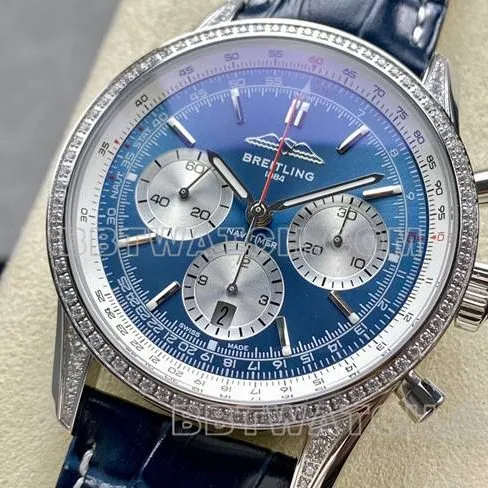 collectible watch BLS factory Breitling aviation chronograph diamond blue dialleather strap model braceletlive photos
