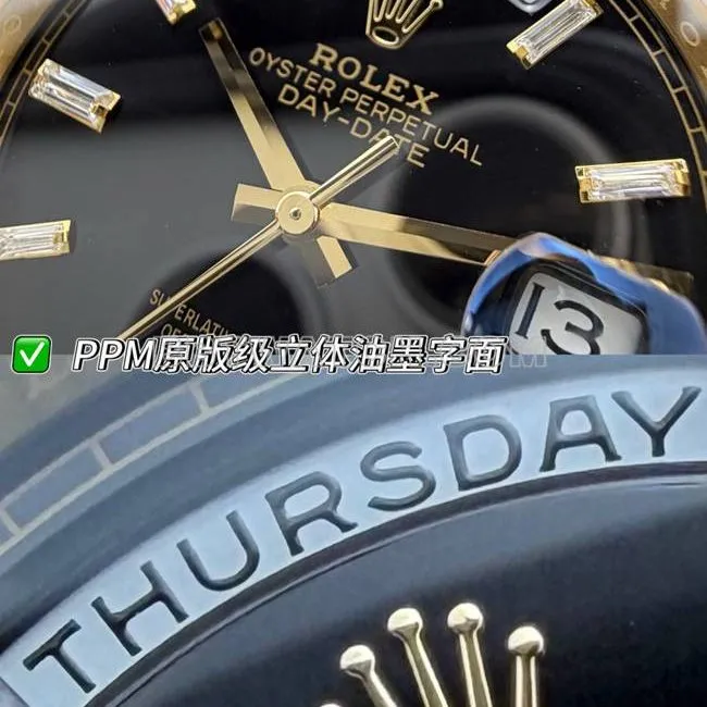collectible watch Rolexblack dialPPM factory Day-Date mechanical yellow goldfront live photo