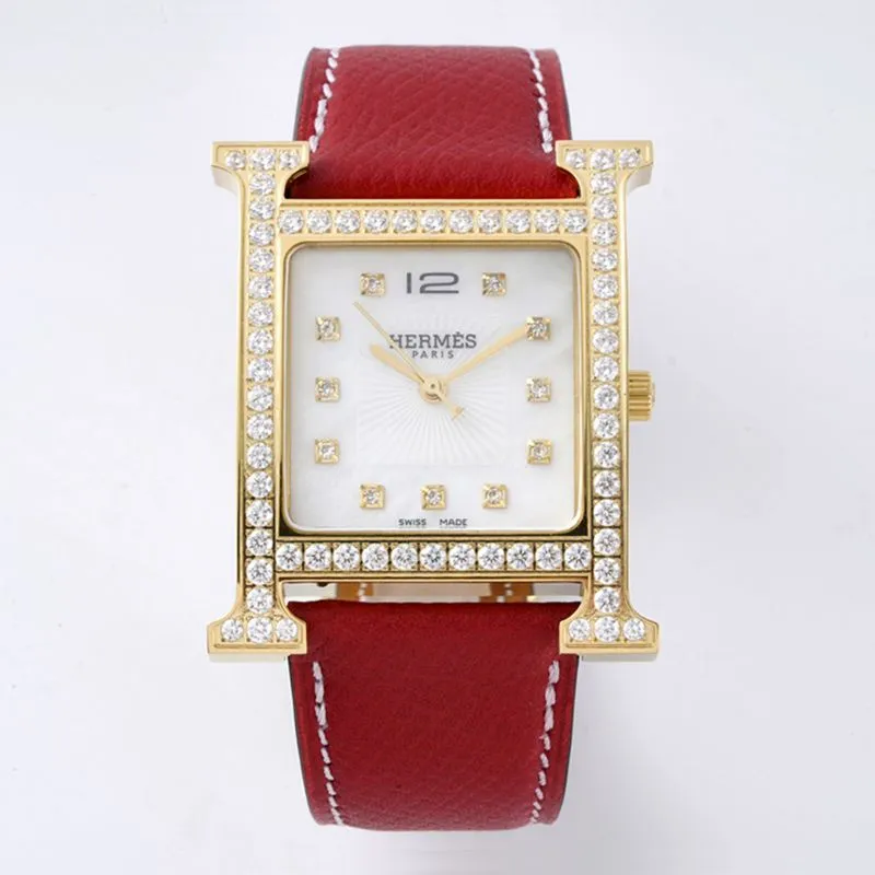 Hermès top-tierhigh-quality watch HeureH three-hand series ladies leather strapwhite dial gold watch side view
