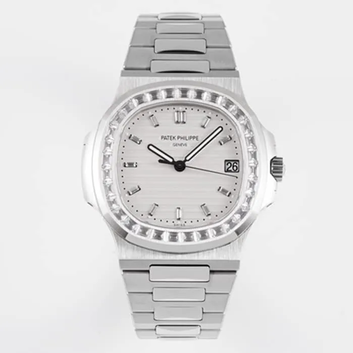 top-tier watch Patek Philippe men's white dialsteel bracelet watch side view