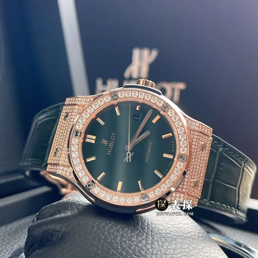Classic fusion Hublot1:1replica watch green sun pattern dial diamond leather strap movement picture