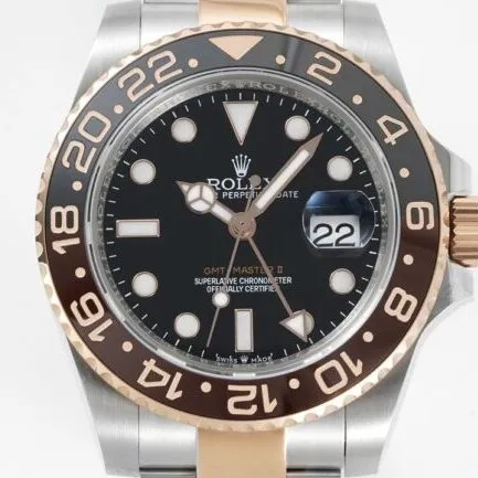 GS factory top-tier watch RolexGMT-Master root beer ring rose gold black bottom men's watch side view