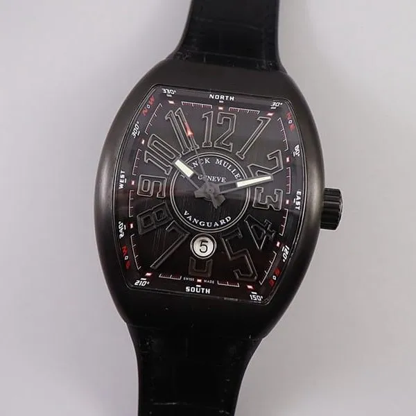 Frank Muller watch V45 series cool black barrel type men's leather strap automatic movement watch side view