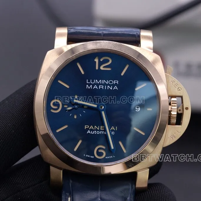 VS FactoryPAM01114Panerai1:1replica watch rose goldblue dial front view