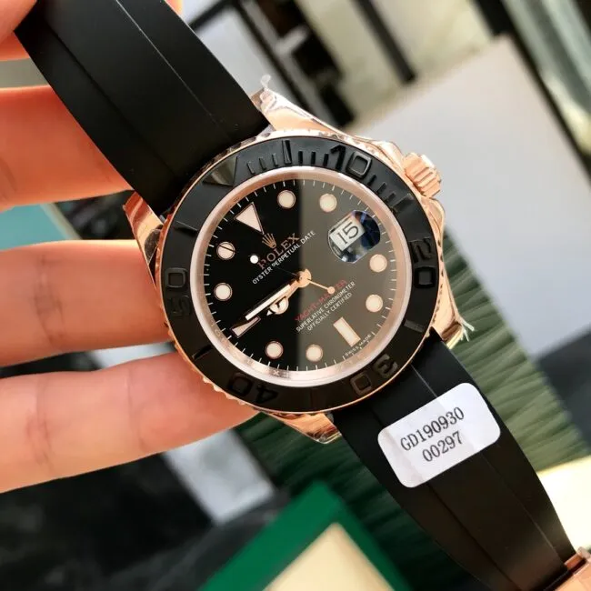 Top Rolex Gold Yacht-Master 18k rose gold black dial men's watch front view