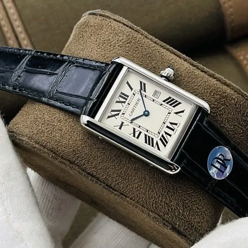 DR factory Cartiertop-tier watch tank series ladies white dial black belt fully automatic movementleather strap watch front view