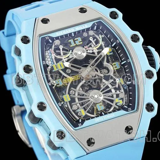 Richard Mille top-tier watch hollow plate tourbillon mechanical blue rubber model RM 21-02front live photo