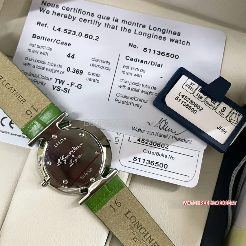 Longines elegant 1:1super clonegreen dialdiamond bezelleather strap model L4.523.0.60.2front live photo