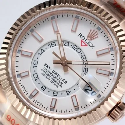 Top Rolex men's watch, white dial, rose gold, with the Explorer II series mechanical watch, front view.