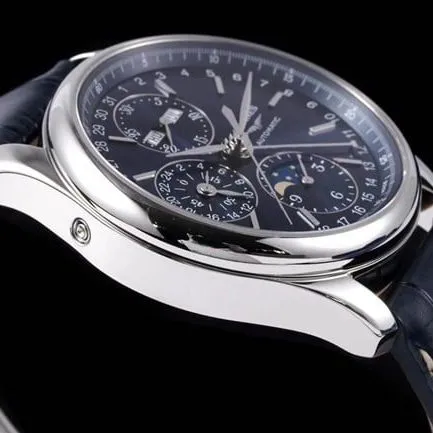 KL factory Longinestop-tier watch famous moon phase series men's blue dial blue belt automatic movementleather strap watch side view