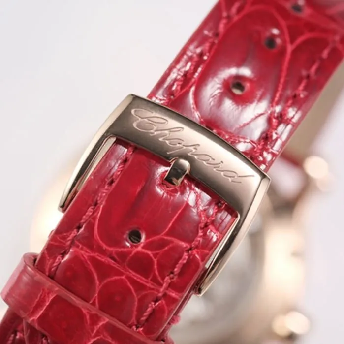 top-tier watch Chopard women's black dial red band happy diamond HAPPY DIAMONDS series mechanical watch side view