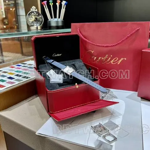 collectible watch tank DR factory Cartier silver white dialdiamond bezelquartz blue leather braceletcaseback live photo