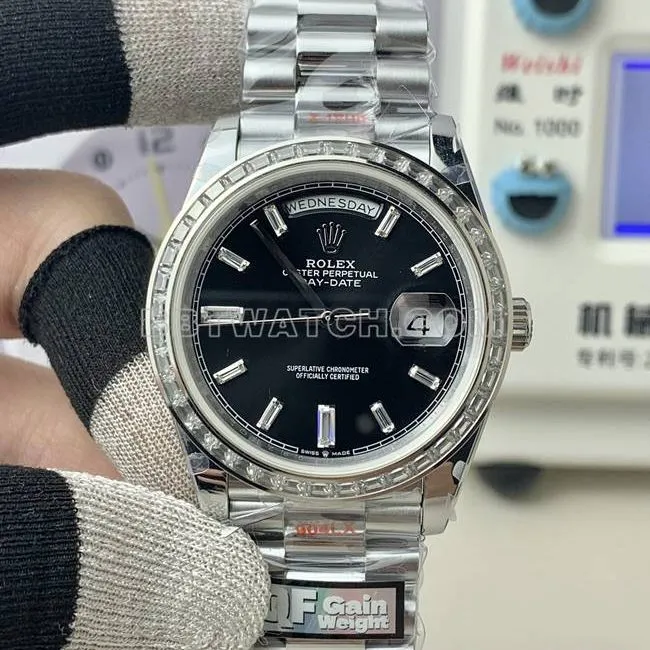 QF factory 1:1replica watch Day-DateRolexblack dial square diamond bezel40mmbraceletlive photos