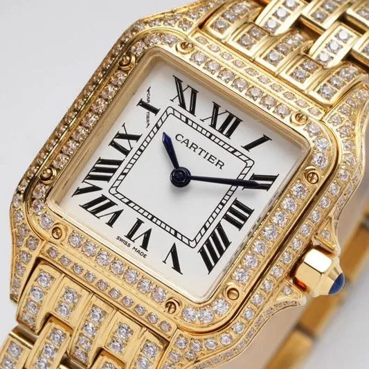 Cartiertop-tier watch cheetah full diamond series ladies yellow gold mechanical steel bracelet watch side view