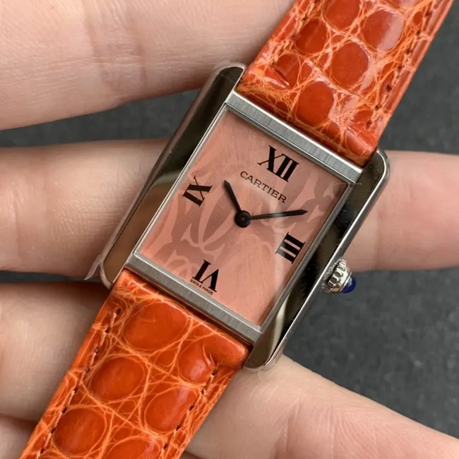 K11 factory top-tier watch Cartier women's tank series pink plate orange belt automatic movementleather strap watch side view