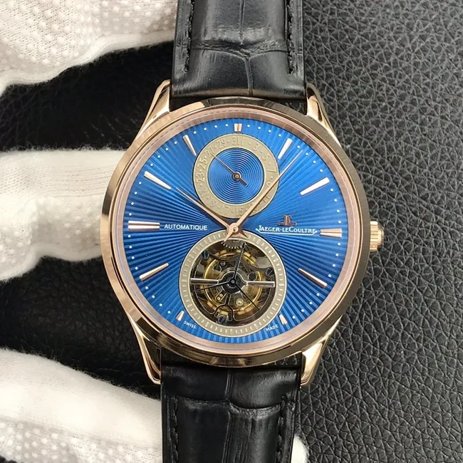 top-tier watch Jaeger-LeCoultre men's blue dial black belt tourbillon master series automatic movement watch front view