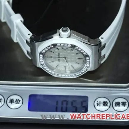 top-tier watch Audemars PiguetRoyal Oak diamond ladies white dial watch white rubber strapquartz movement watch front view