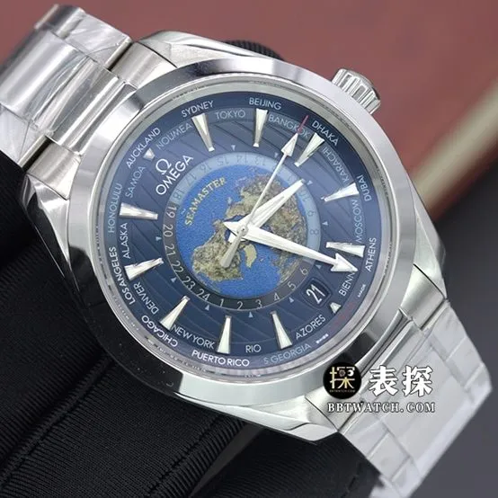 VS FactorySeamasterOmega1:1replica watch blue dial world time steel bracelet model 220.10.43.22.03.001caseback live photo