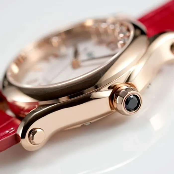 Top-tier watch Chopard women's white dial red band happy diamond series leather strap watch clasp picture