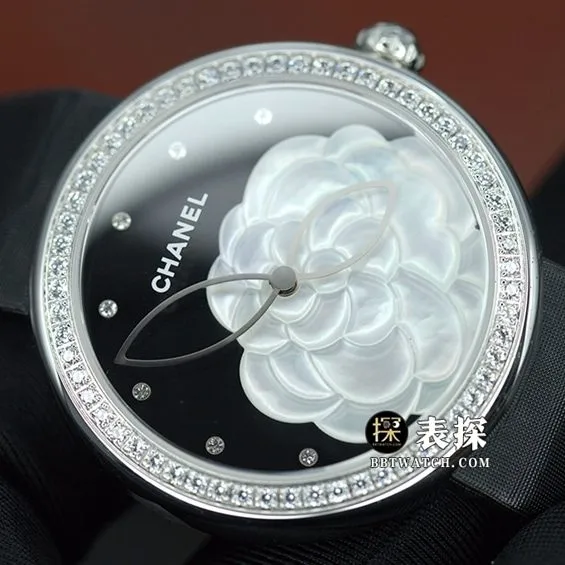 High jewelry Chanel1:1replica watch black dial camellia pattern satin silk model H3096clasplive photos