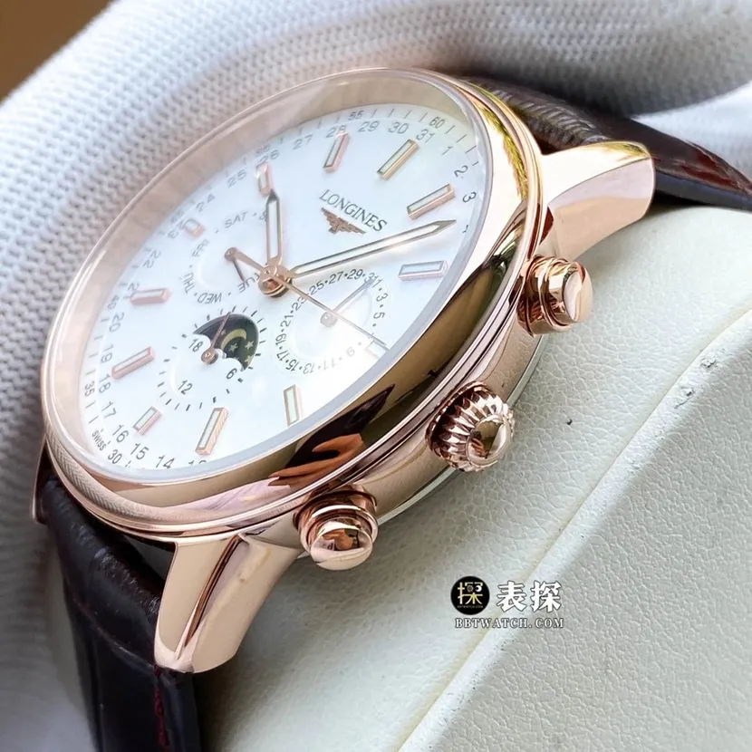 Longines retro top-tier watch men's white dial multi-function six-pin moon phaseleather strap model pictures and prices front live photo
