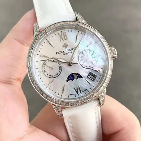 Patek Philippetop-tier watch fully automatic movement women's white dialleather strap front view