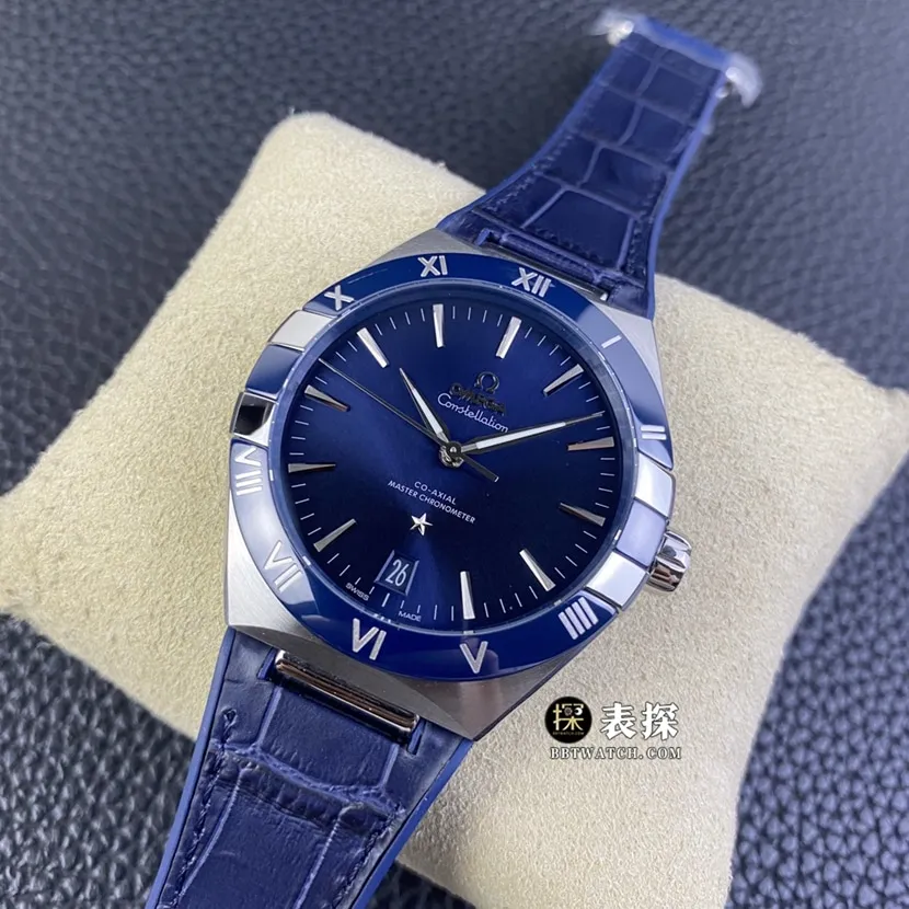SBF factory Omega Constellation top-tier watch men's blue dialleather strap model pictures and prices caseback live photo