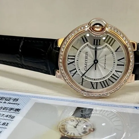 top-tier watch Cartier men's white dial black belt 18Krose gold South African real diamond leather strap mechanical watch front view
