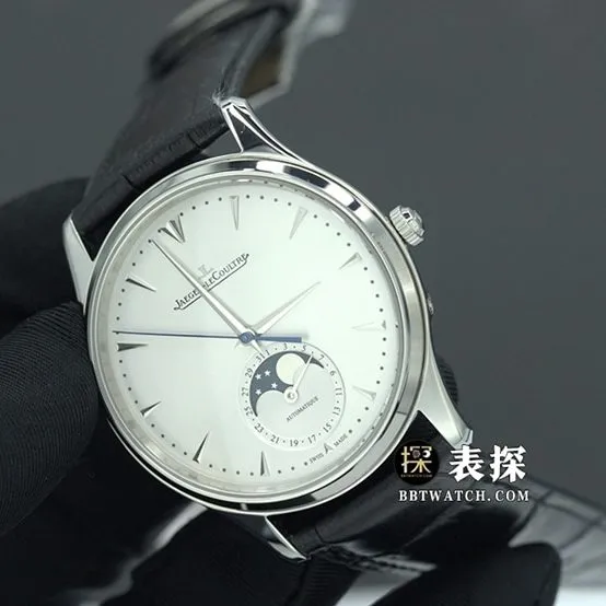 ZF FactoryJaeger-LeCoultre men's master watch silver dialmoon phaseleather strap model 1368430 overall live photos