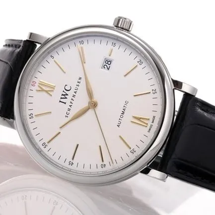 V7 factory IWC top-tier replicahigh-quality watch men's white dial black belt wave Fino series disc automatic movementleather strap watch front view