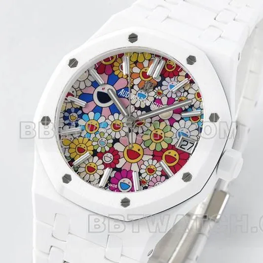 Audemars Piguettop-tier watch APS factory Royal Oak flower pattern dial white ceramicsteel bracelet model 15500side live photo