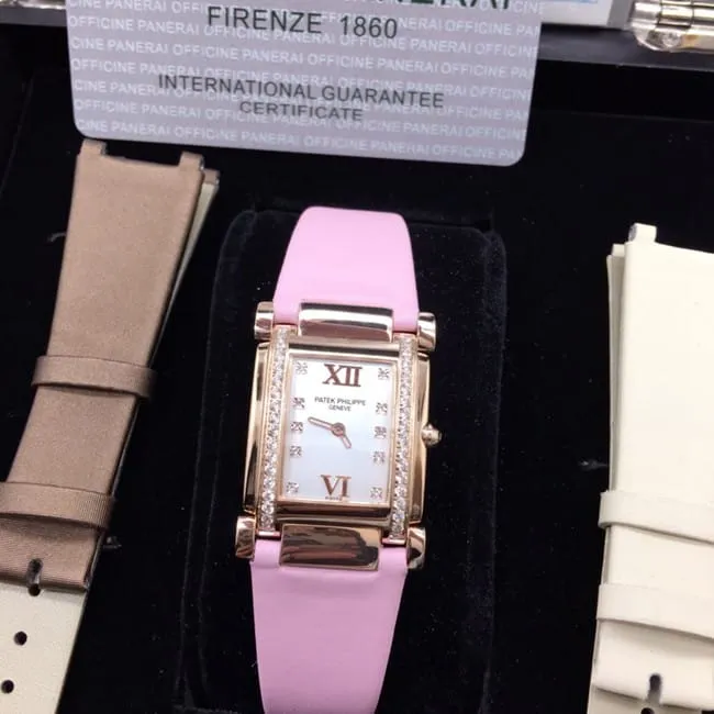AW factory real diamond replicaPatek Philippewhite dial pink belt ladies' watch front view